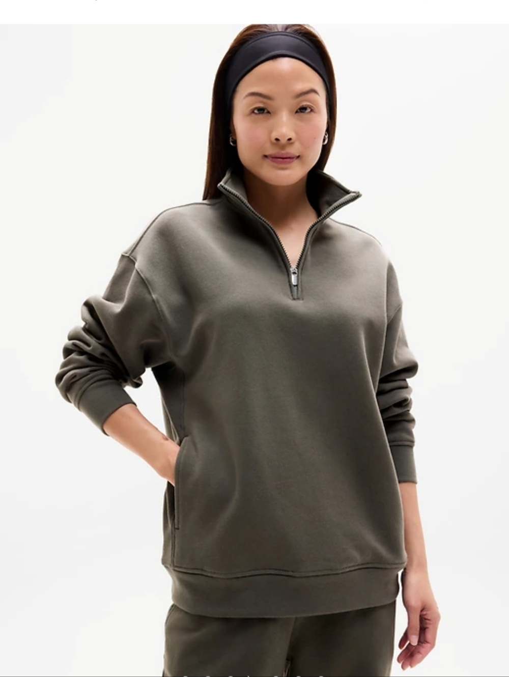 Women's Forever Fleece 1/4 Zip -Front Sweatshirt Athleta- Mountain Olive